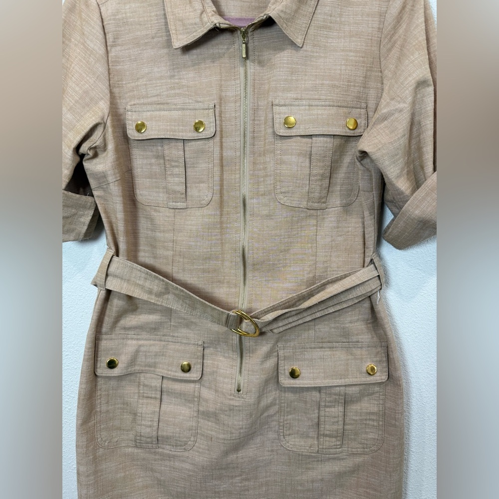 Sharagano Safari Shirt Dress Tan Utility Belted Gold Button Zip Front Size 10 - Picture 6 of 9
